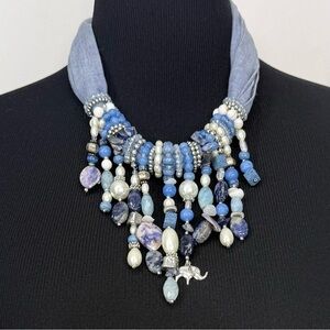 Chicos Denim Blue Silver Tone Dangle Bead Boho Coastal Statement Necklace